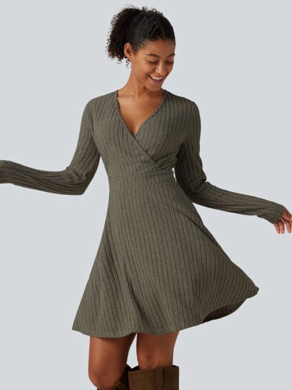 NWT Ribbed Knit Wrap V-Neck Sweater Dress - Olive